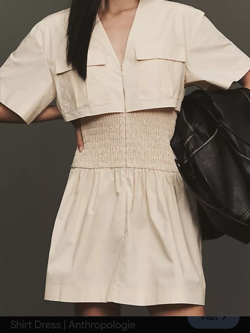 Maeve Cream Short-Sleeve Smocked Waist Shirt Dress